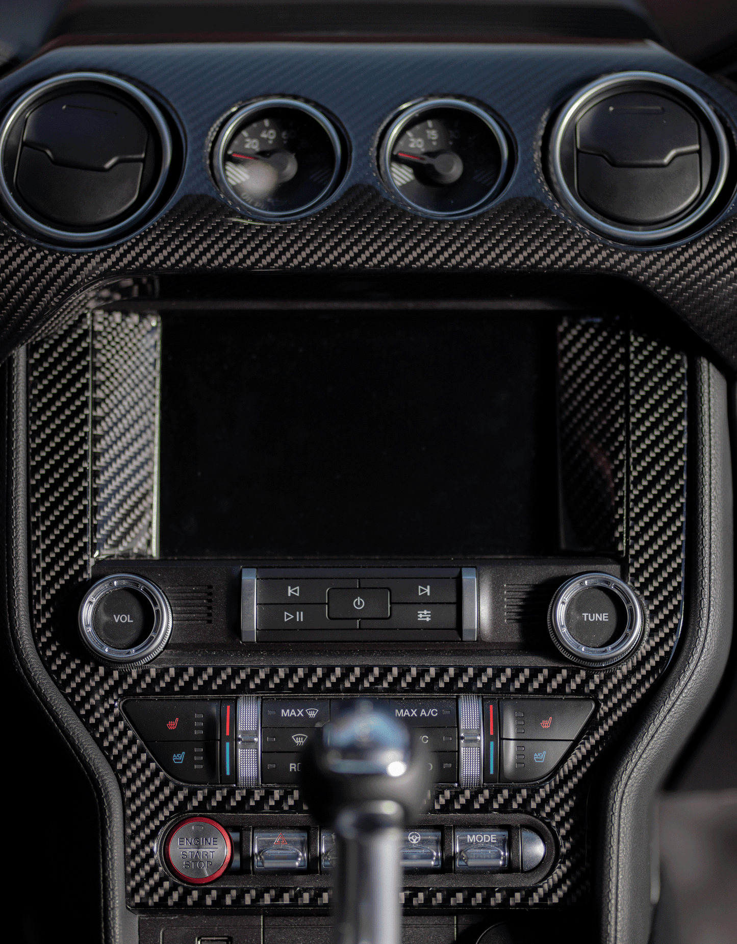 Icyyy Performance 2015-2023 Mustang Hard Carbon Fiber 4 Pc Dash Cover - Performance Pack media console photo