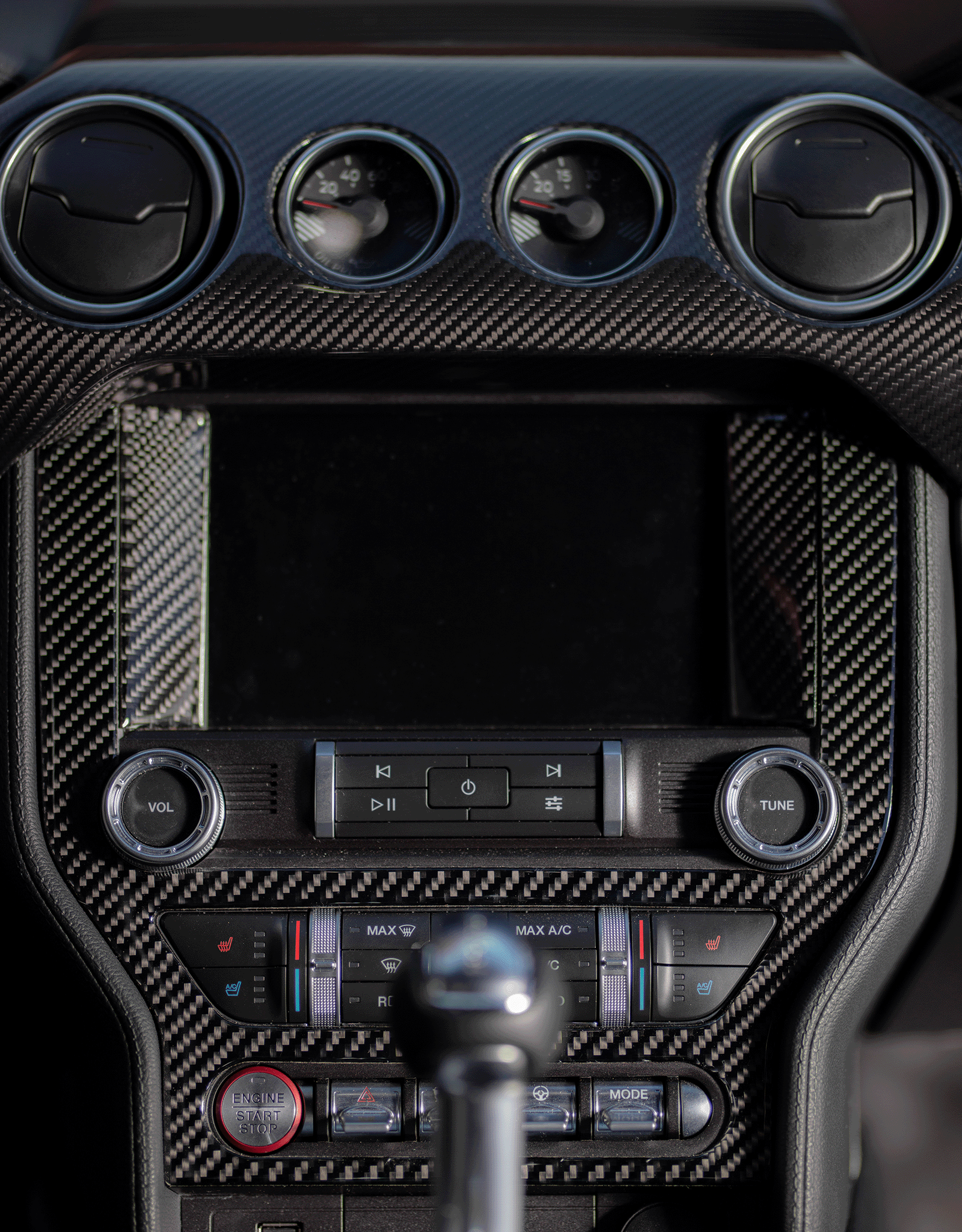 Icyyy Performance 2015-2023 Mustang Hard Carbon Fiber 4 Pc Dash Cover - Performance Pack media console photo